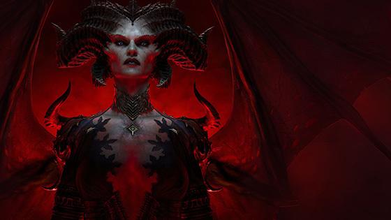《OG官网》角色莉莉丝的艺术渲染, 一个恶魔般的女人，在血红色的背景下长着翅膀.